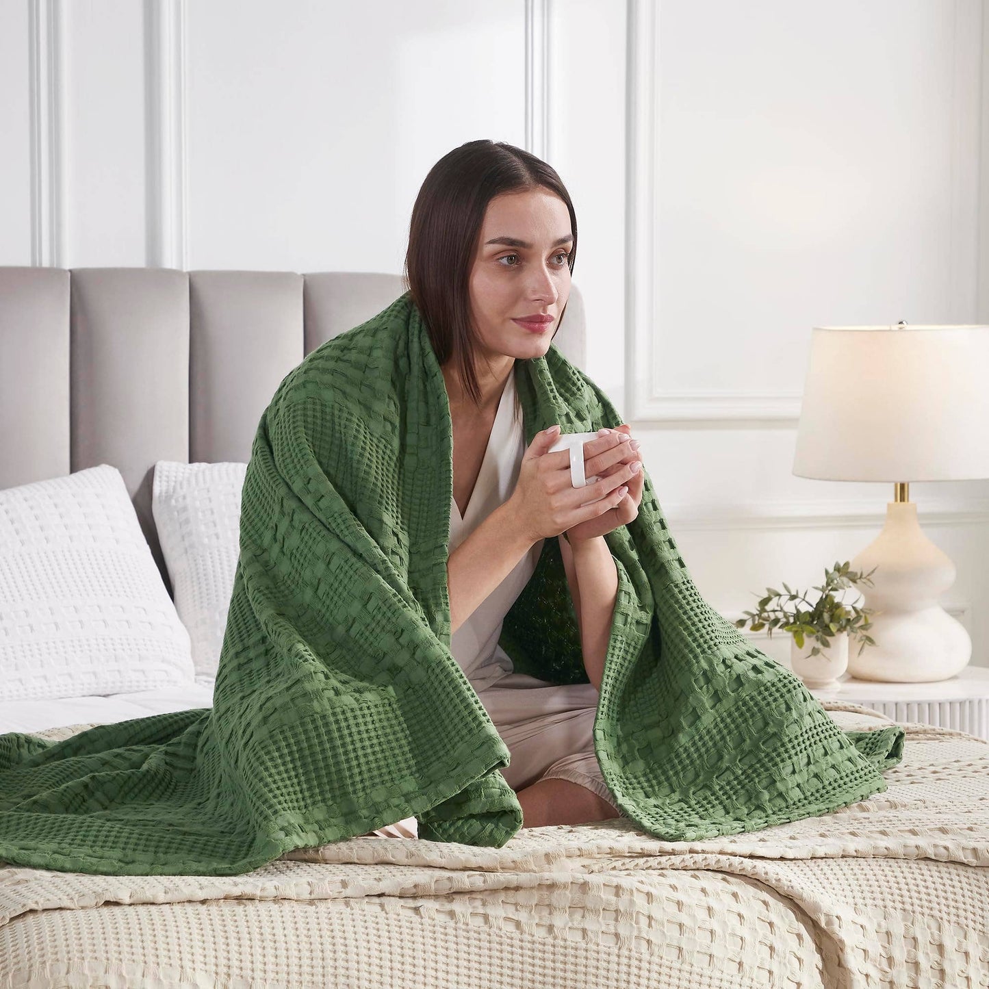 Waffle Weave Olive Green Throw Blanket