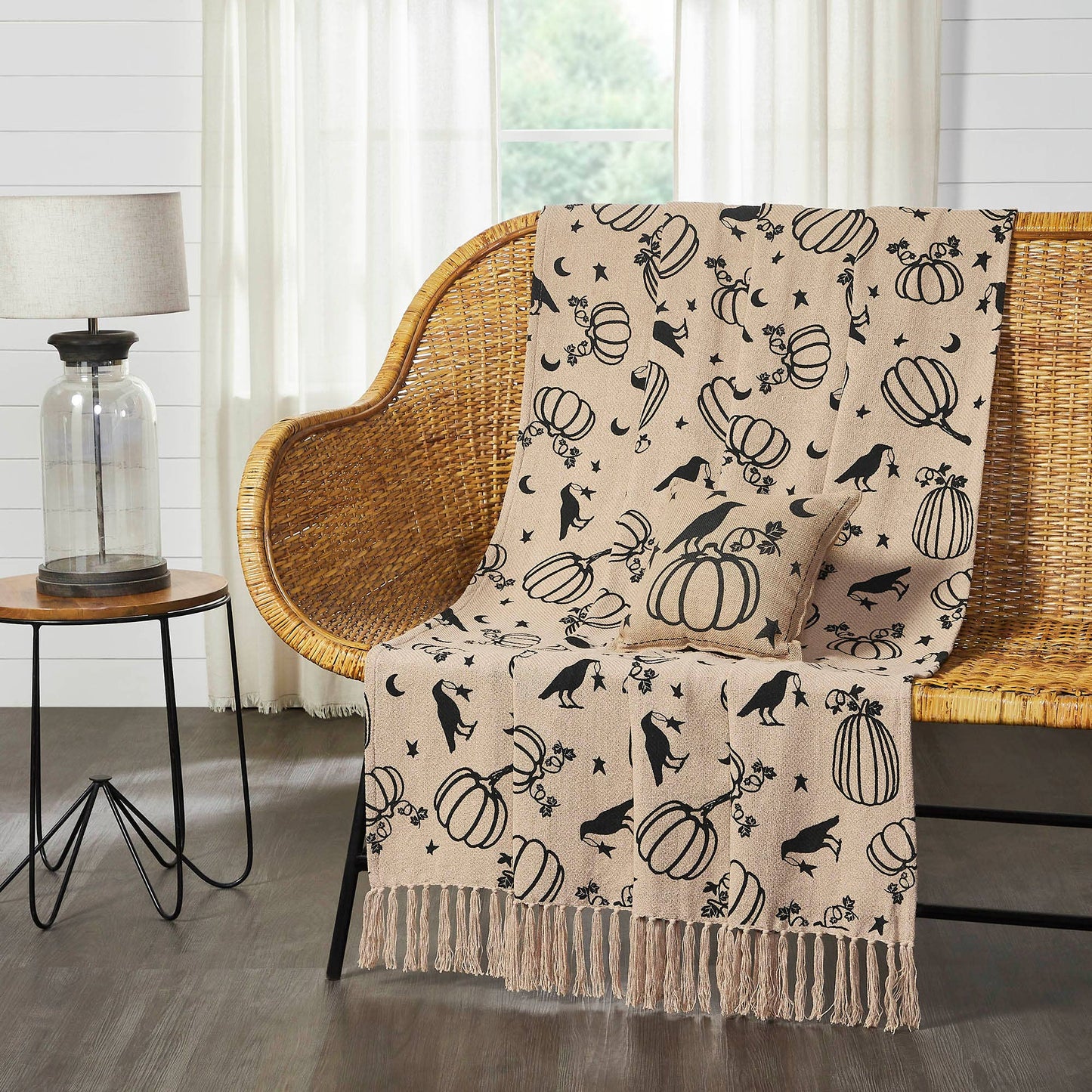 Raven Harvest Farmhouse Black Tan Plaid Woven Cotton Throw Blanket 50x60