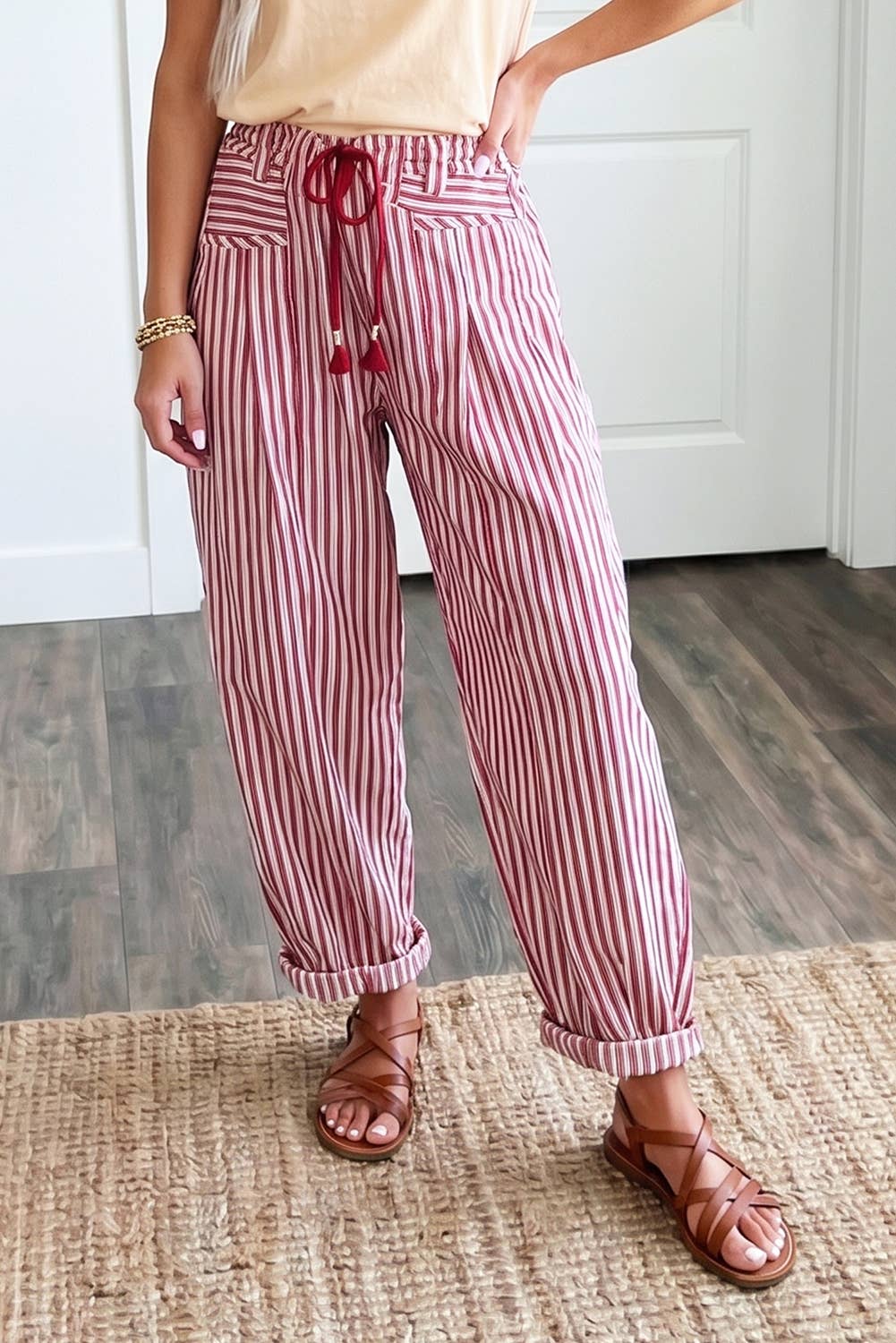 Stripe Pockets Drawstring Casual Loose Jeans
