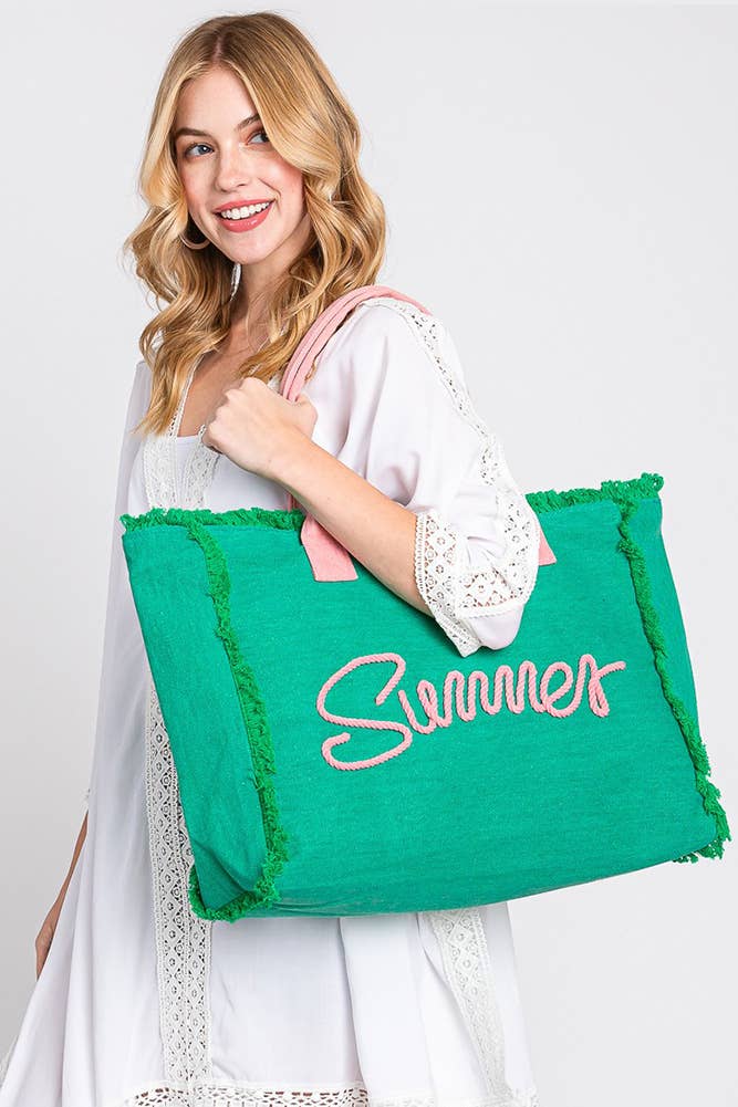 Sewn Rope Summer Letter Fringed Canvas Bag