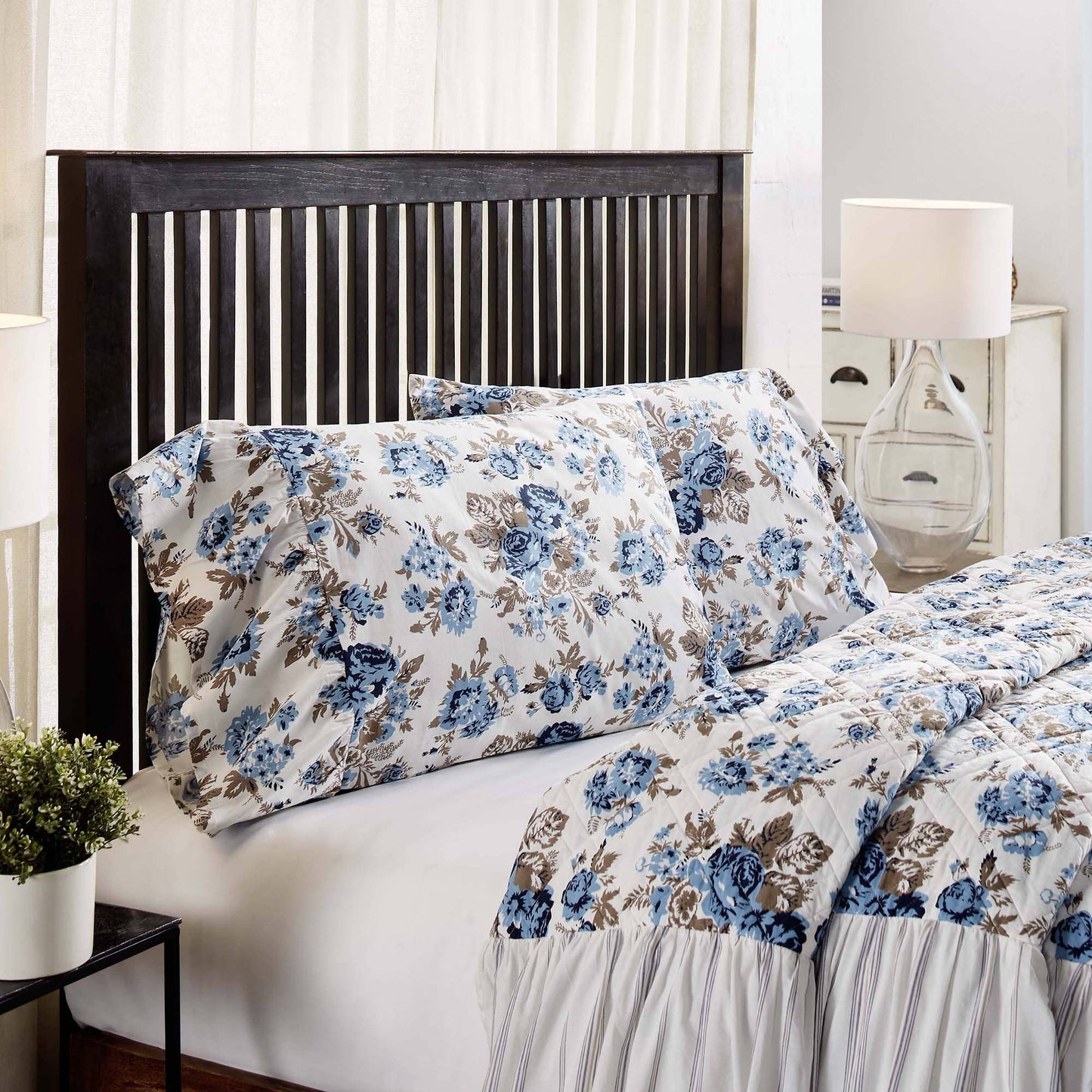 Annie Blue Floral Ruffled Standard Pillow Case Set of 2 21x26+8