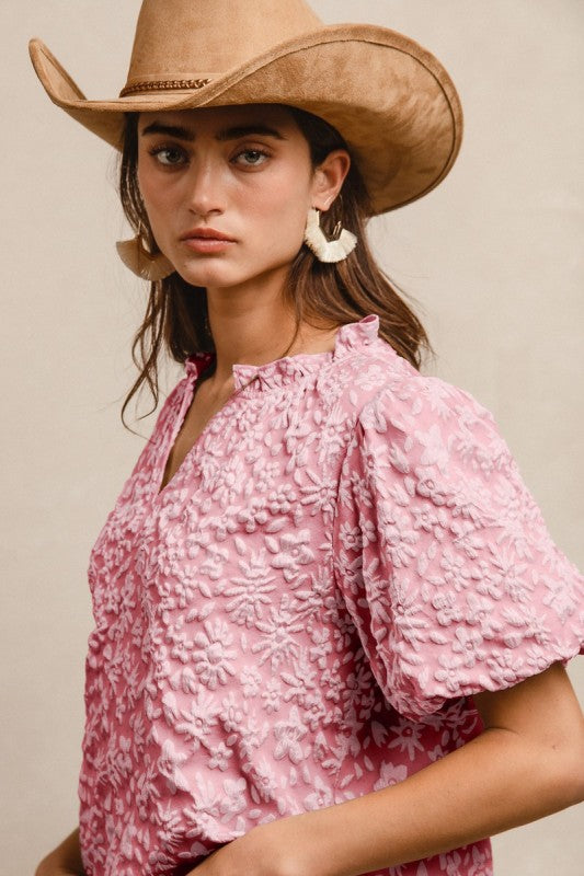 Floral Pattern Textured Short Balloon Sleeves V-neck Top