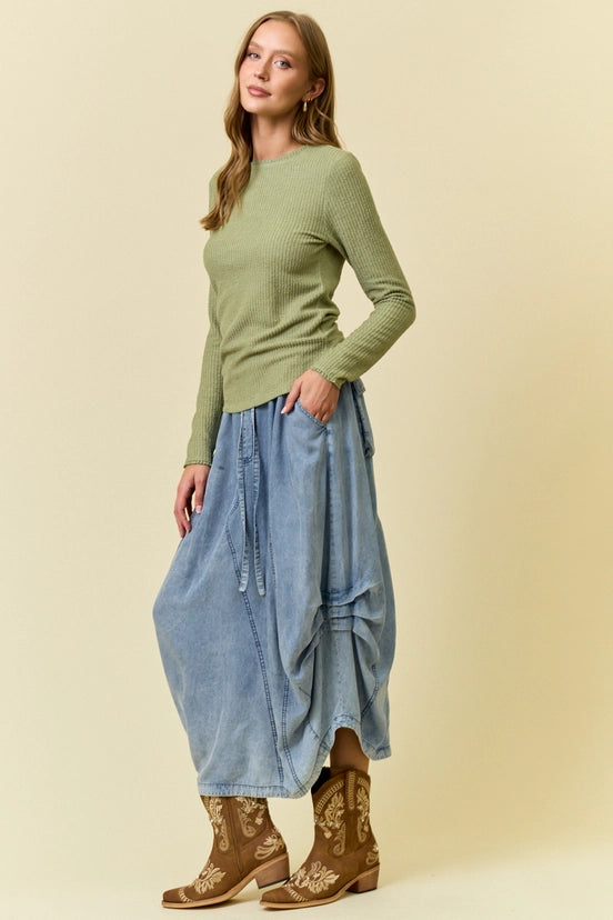 Denim Side Tuck Detail Midi Skirt