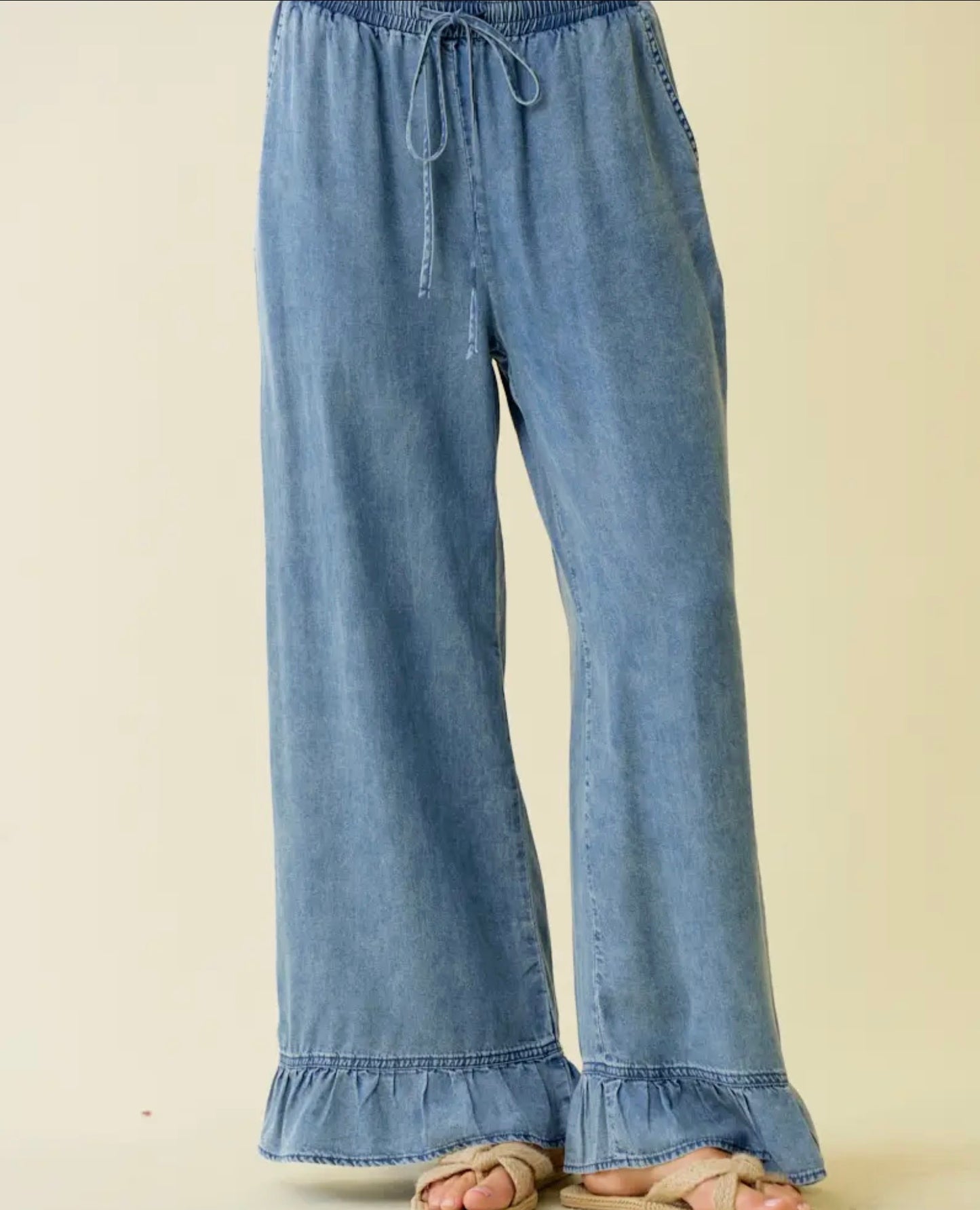 Denim Ruffle Bottom Wide Leg Pants