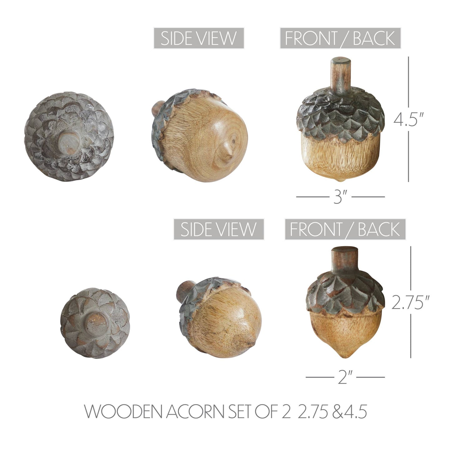 Natural Wood Acorn Decor Set of 2 Rustic Fall Tabletop Accents & Autumn Home Decorations, 2.75 & 4.5 Figurines