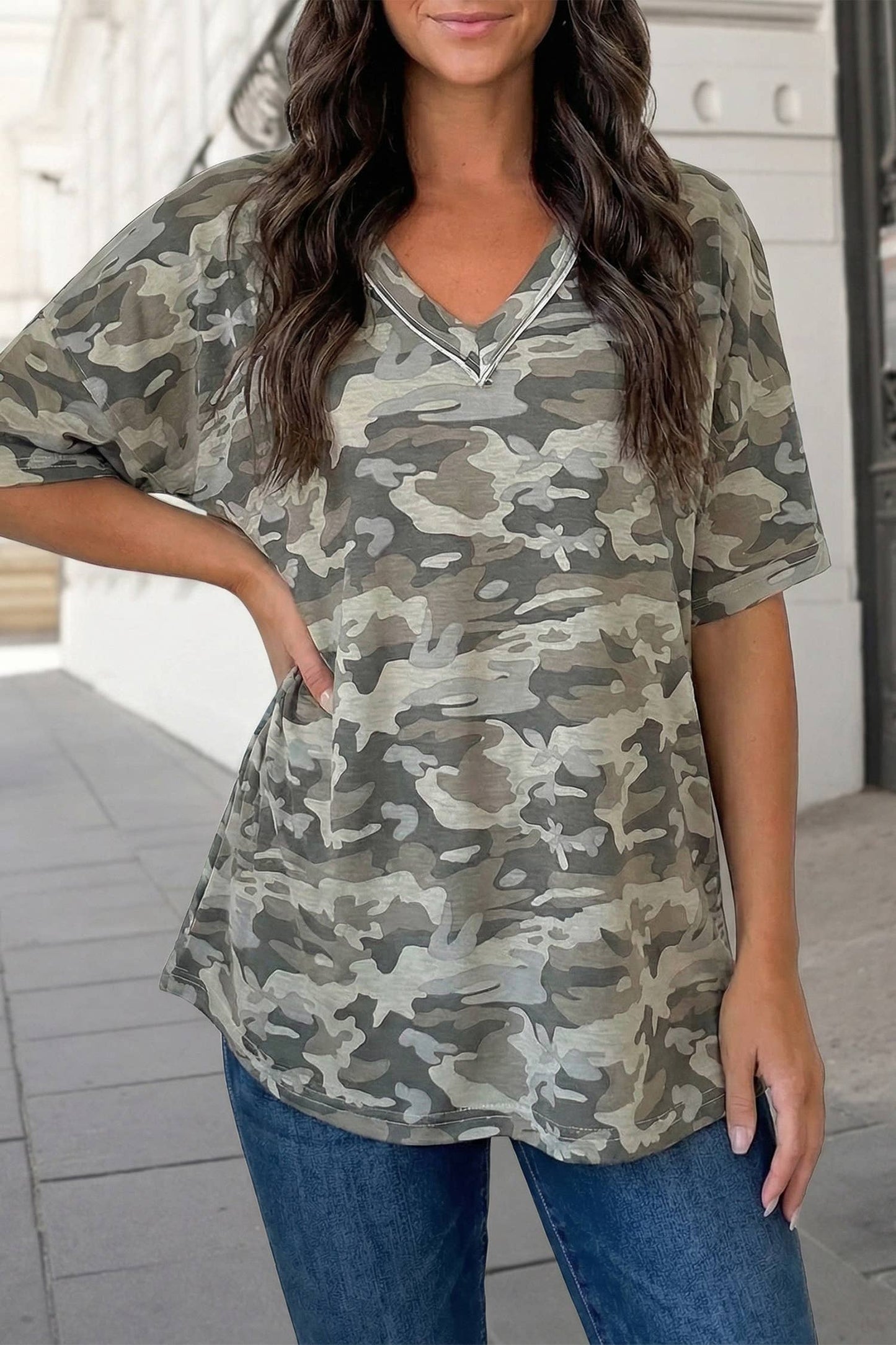 Retro Camo Print Raw Edge V Neck Tee SS26 | S-XL