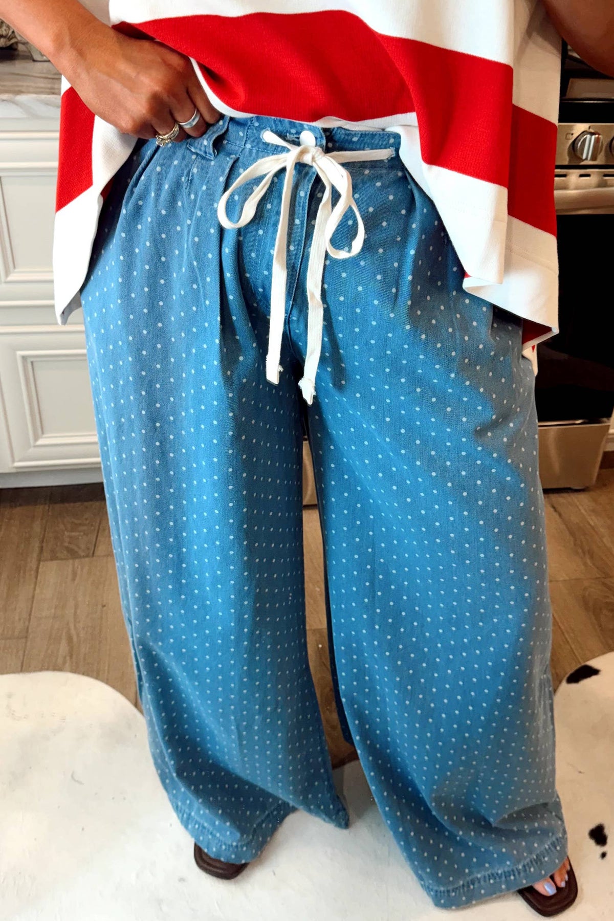 Plus Size Washed Denim Polka Dot Drawstring Wide Leg Pants