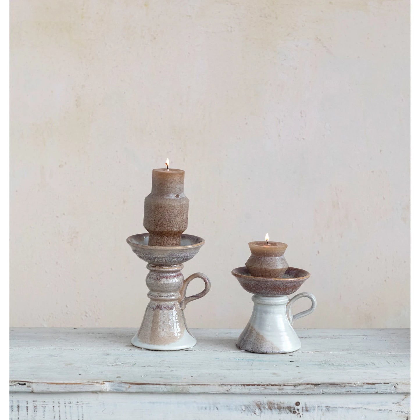 Stoneware Pillar Holder w/ Handle (Holds 5" Pillar) (Each One Will Vary)