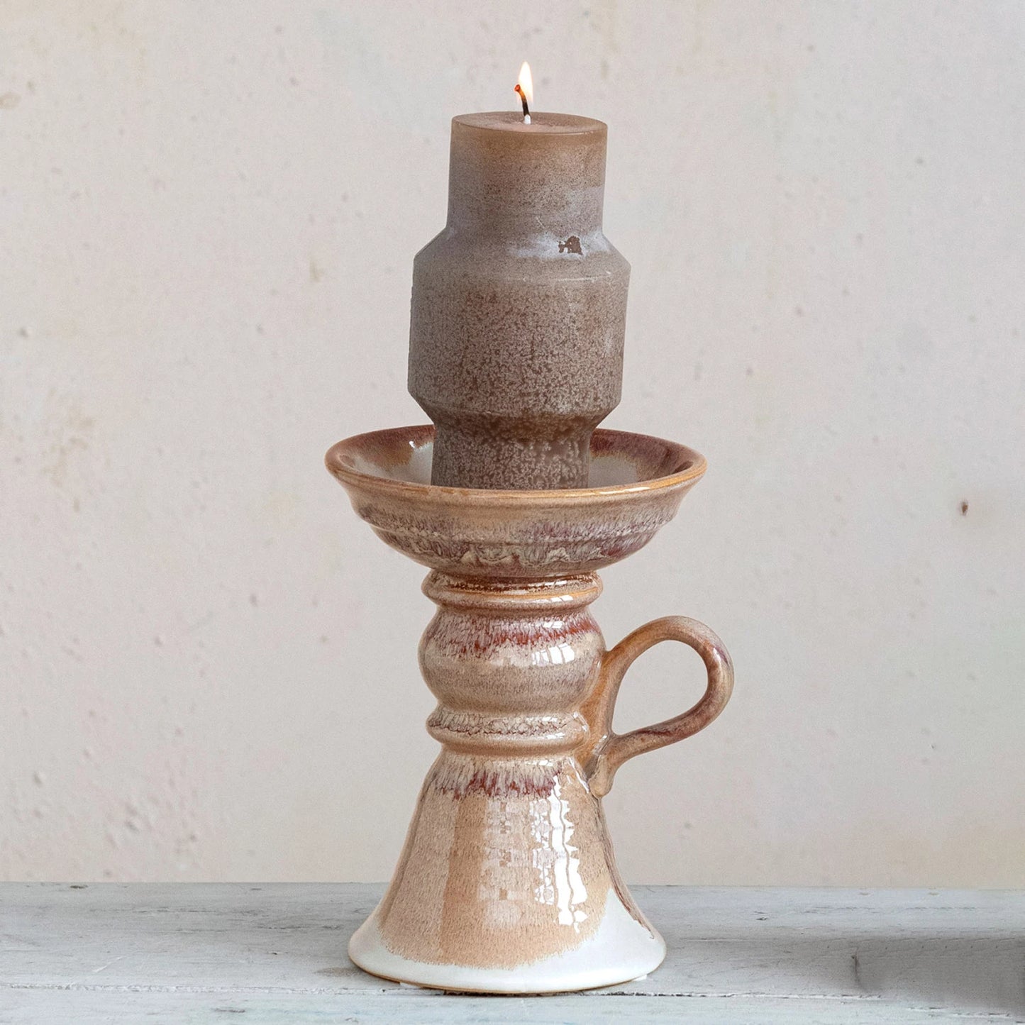 Stoneware Pillar Holder w/ Handle (Holds 5" Pillar) (Each One Will Vary)