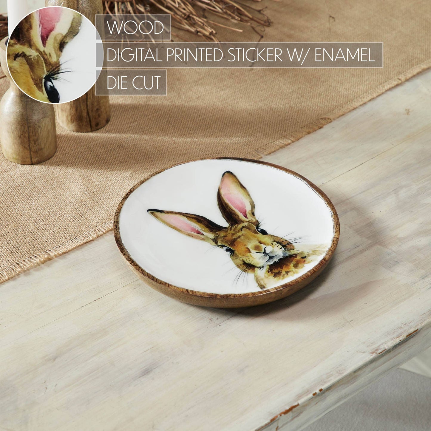 Bunny Hop Decorative Wooden Plate with White Bunny Motif - Rustic Farmhouse Spring Accent - 8.5 Diameter