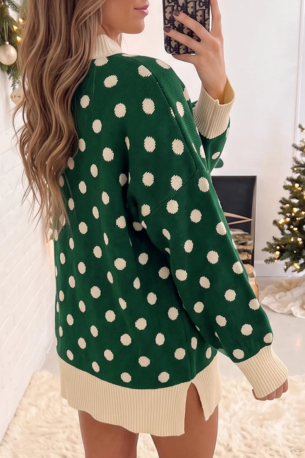 Green Polka Dot Pattern Ribbed Color Block Trim Mock Neck Split Tunic Sweater