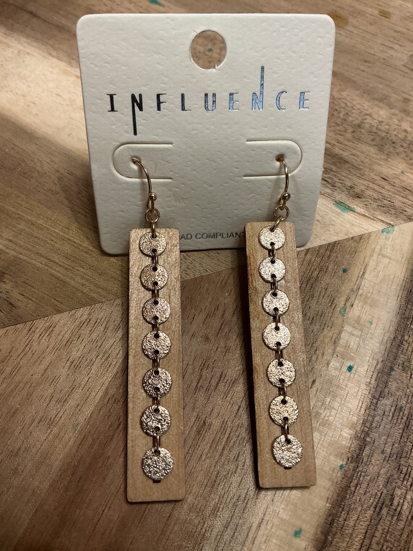 Studded disc chain & wood earrings