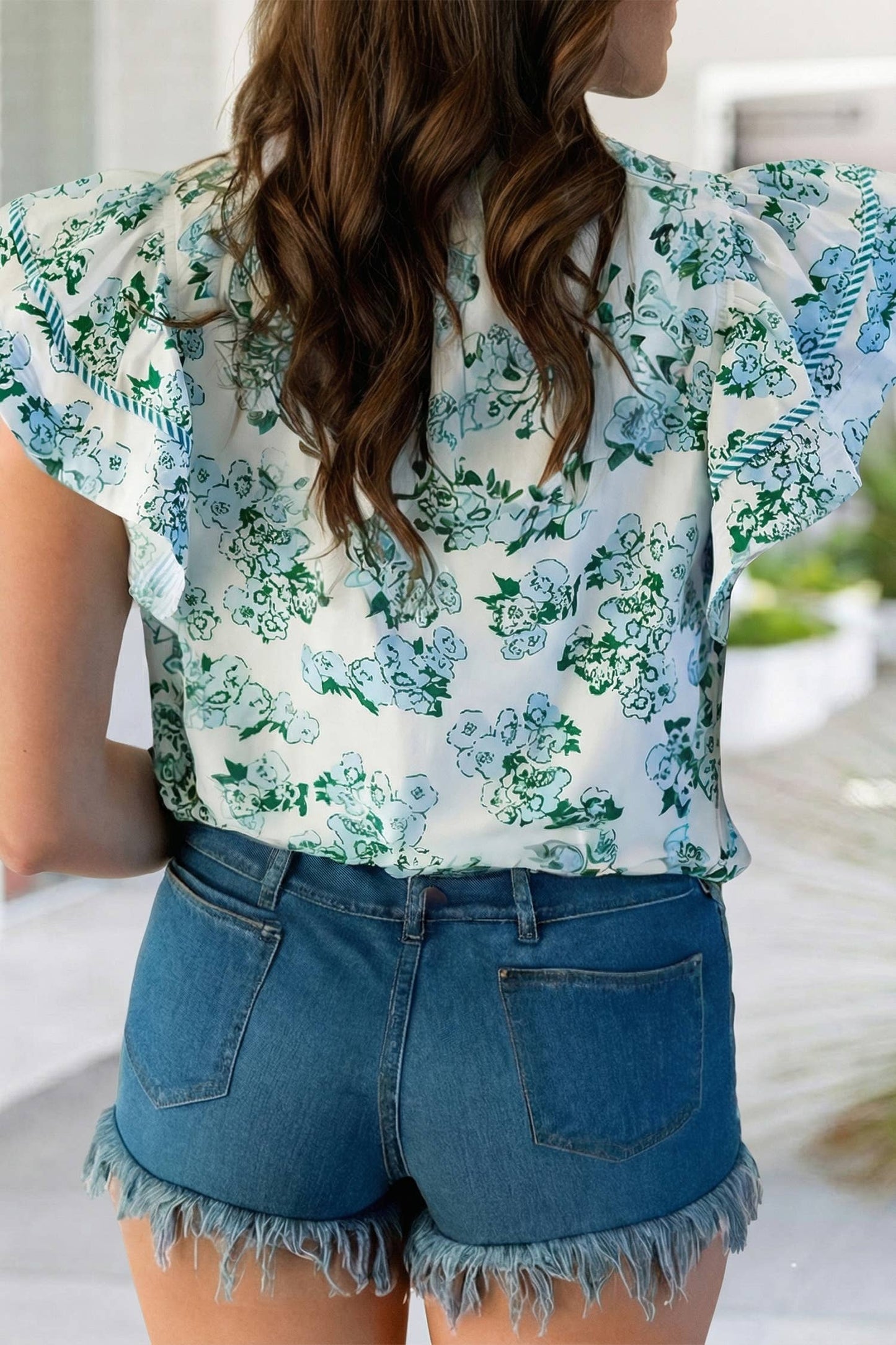 Floral Stripe V Neck Flutter Sleeve Blouse | S-XL
