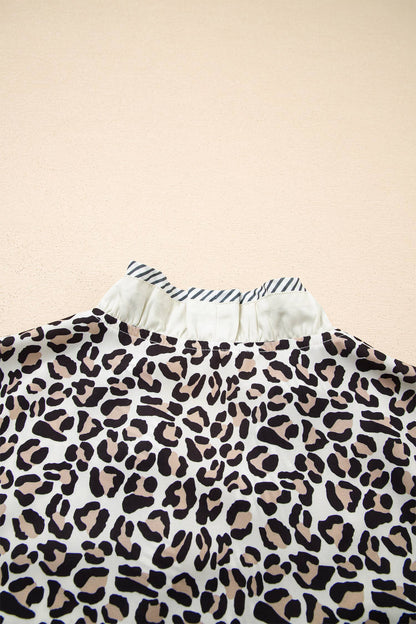Plus Size Leopard Print Ruffled Trim V Neck Blouse