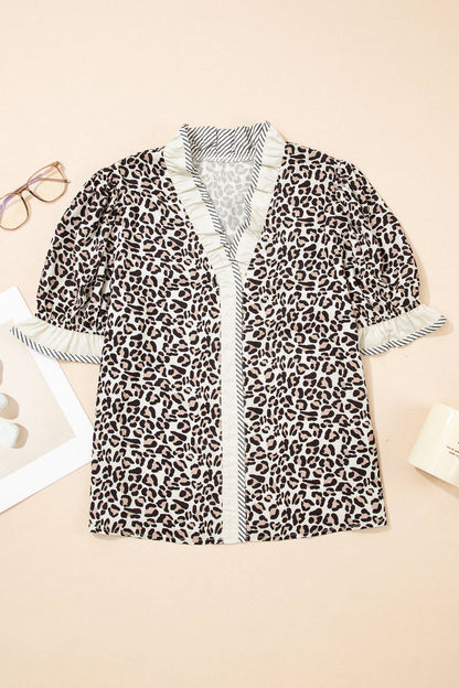 Plus Size Leopard Print Ruffled Trim V Neck Blouse