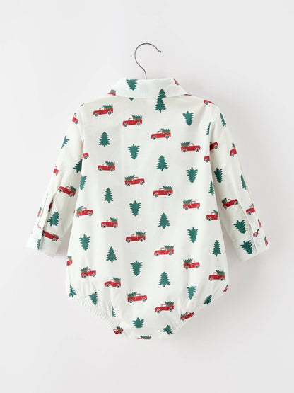 Christmas Baby Boys Christmas Tree Truck Print Long Sleeve Shirt Romper