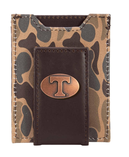 Tennessee Vols Magnetic Front Pocket Old School Camo Leather Wallet.