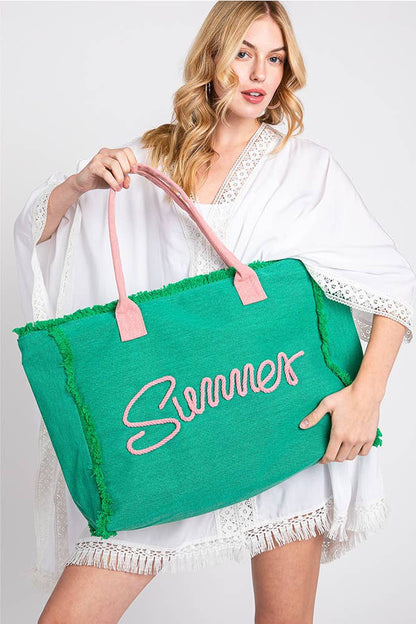 Sewn Rope Summer Letter Fringed Canvas Bag
