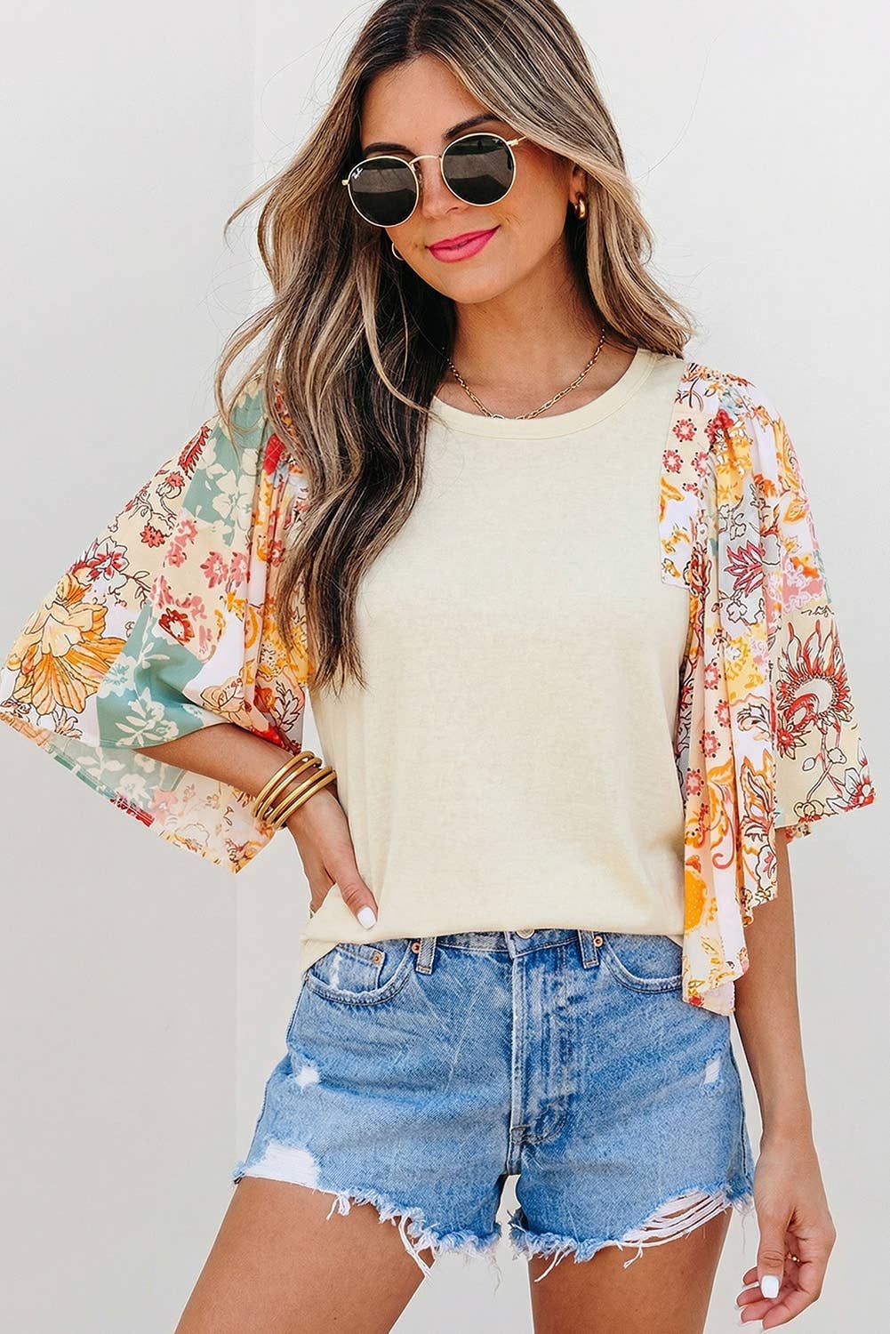Floral Patchwork Half Batwing Sleeve Blouse
