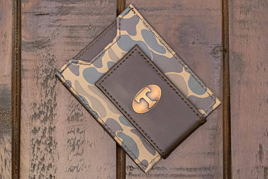 Tennessee Vols Magnetic Front Pocket Old School Camo Leather Wallet.