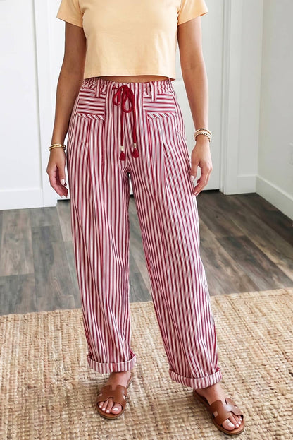Stripe Pockets Drawstring Casual Loose Jeans