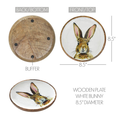 Bunny Hop Decorative Wooden Plate with White Bunny Motif - Rustic Farmhouse Spring Accent - 8.5 Diameter