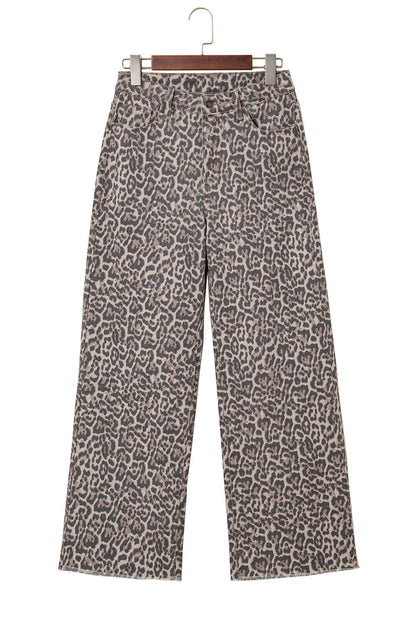 Leopard Frayed Edge Wide Leg High Waist Jeans | 4-16