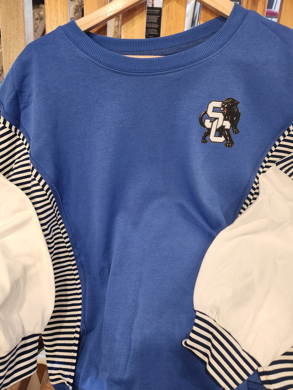 Blue Striped Patchwork Sleeve Sweatshirt with SC Logo