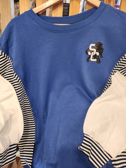 Blue Striped Patchwork Sleeve Sweatshirt with SC Logo