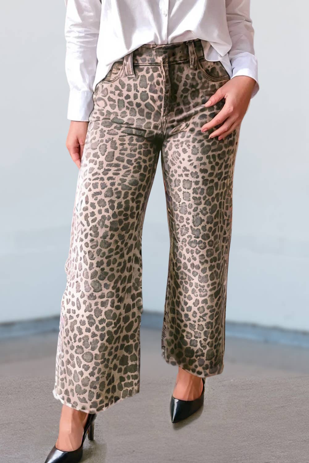 Leopard Frayed Edge Wide Leg High Waist Jeans | 4-16