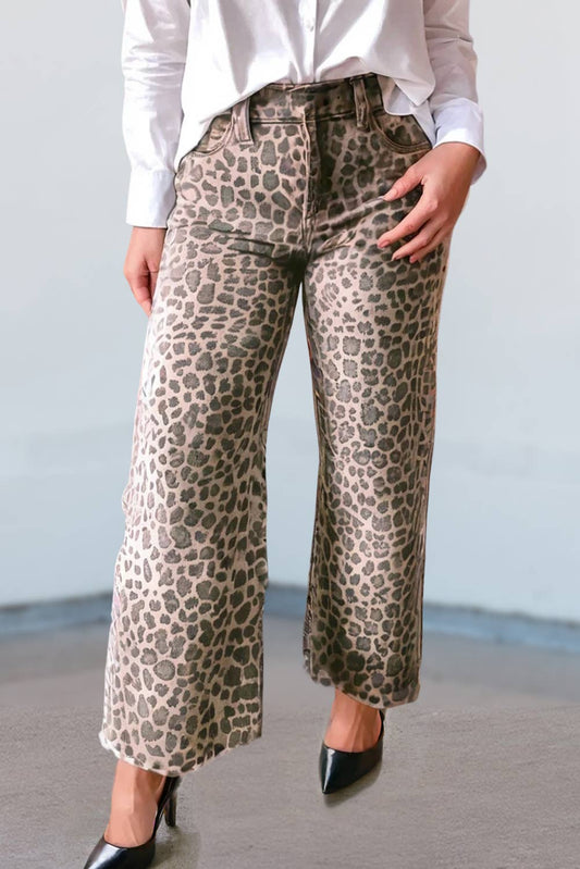 Leopard Frayed Edge Wide Leg High Waist Jeans | 4-16