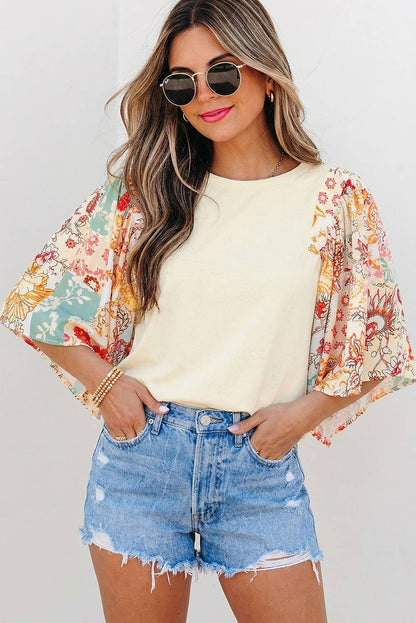 Floral Patchwork Half Batwing Sleeve Blouse