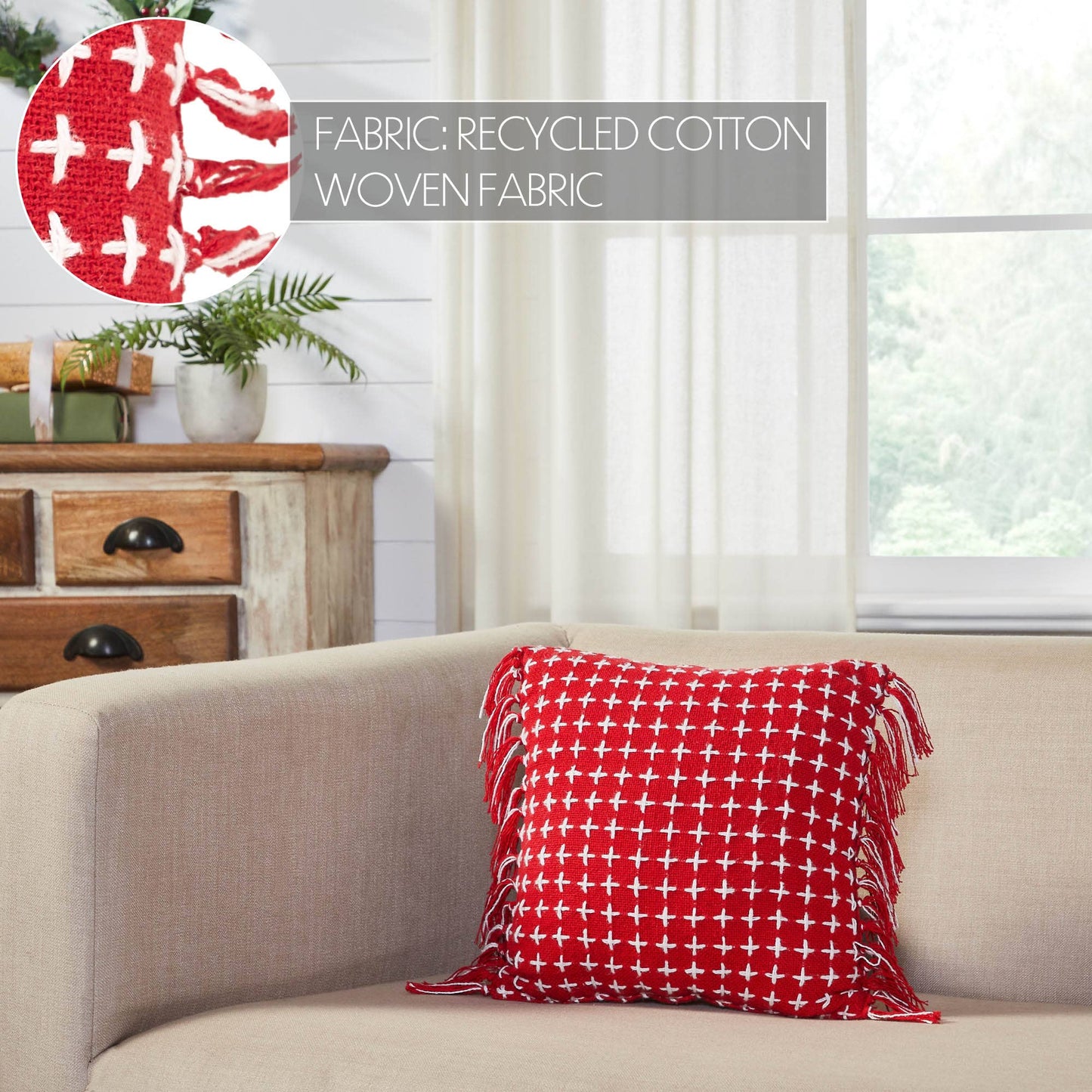 Red Woven Accent Pillow with Fringe 12x12