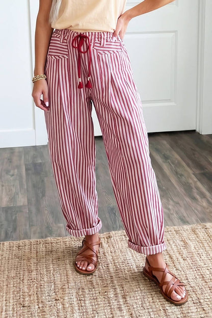 Stripe Pockets Drawstring Casual Loose Jeans