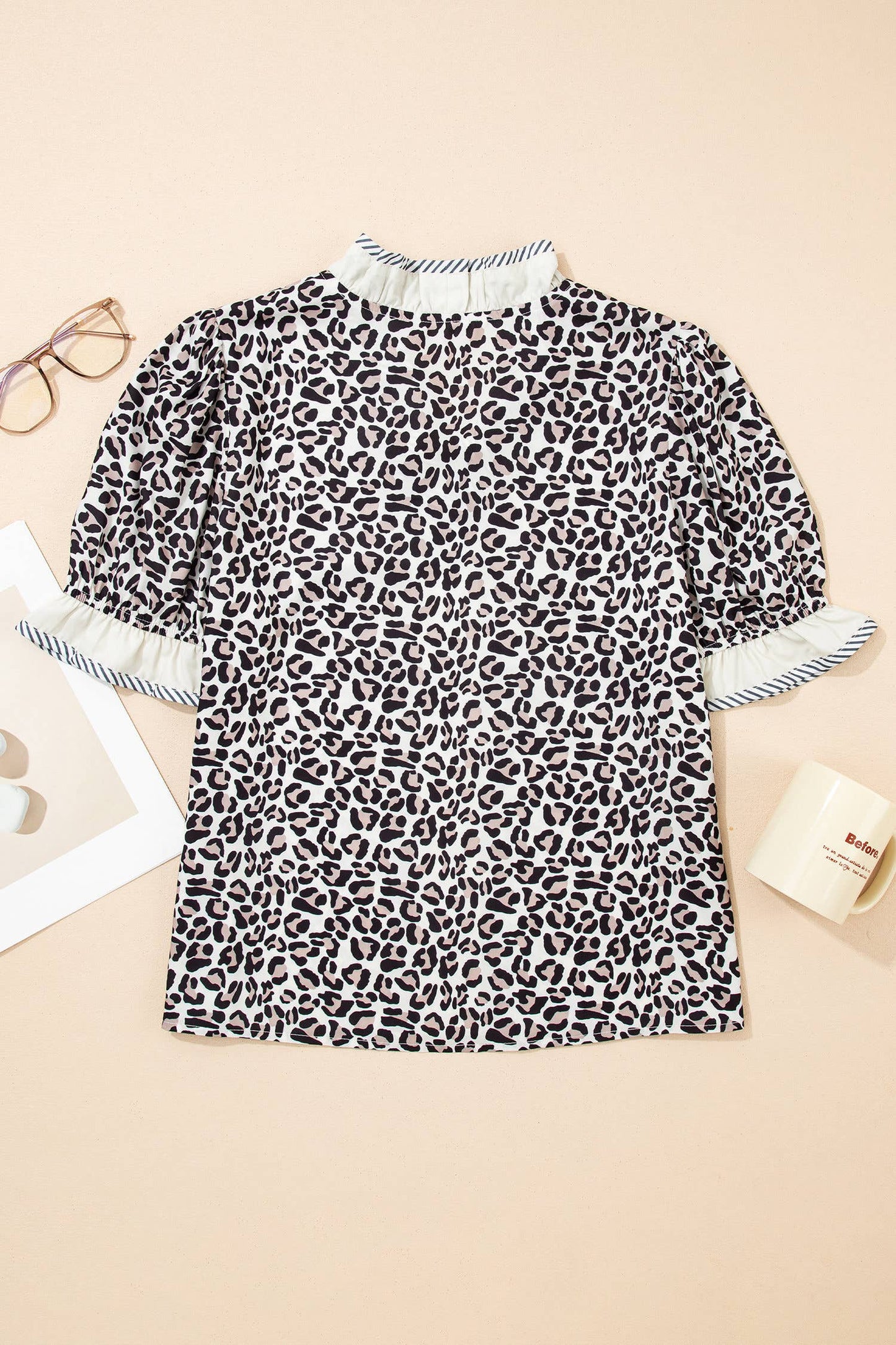 Plus Size Leopard Print Ruffled Trim V Neck Blouse