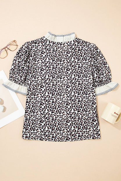 Plus Size Leopard Print Ruffled Trim V Neck Blouse