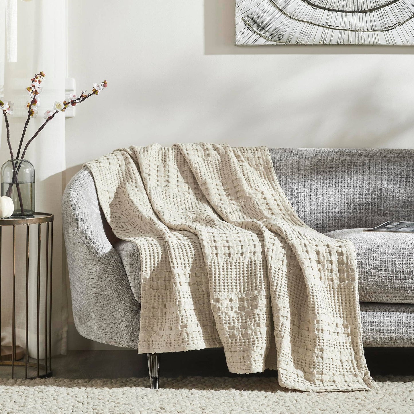 Waffle Weave Natural Throw 50x60 - Cotton Decorative Blanket for Bed, Couch, Sofa | Boho Farmhouse Home Decor