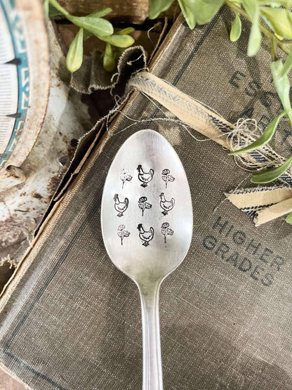 Chickens And Flowers Vintage Stamped Spoon