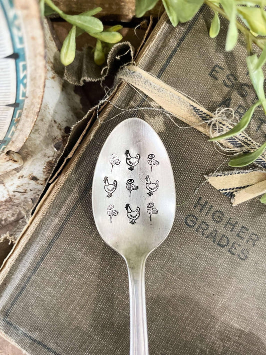 Chickens And Flowers Vintage Stamped Spoon