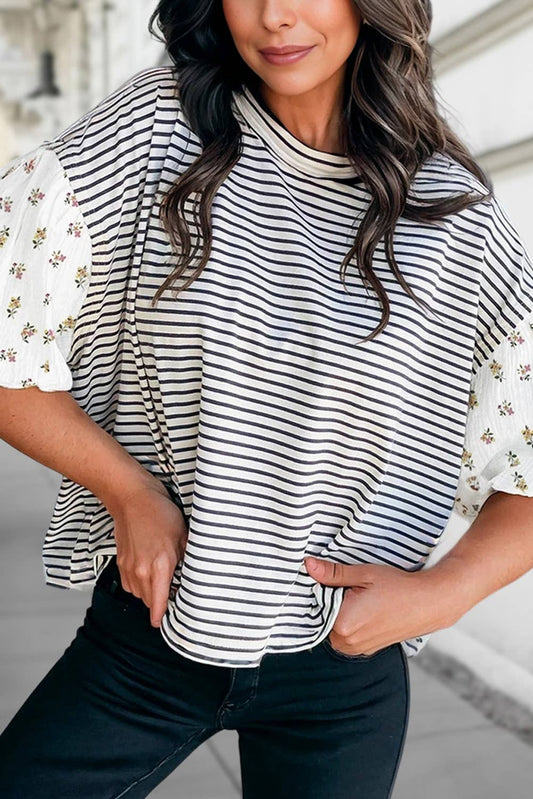 Stripe Floral Puff Sleeve Round Neck Top | S-XL