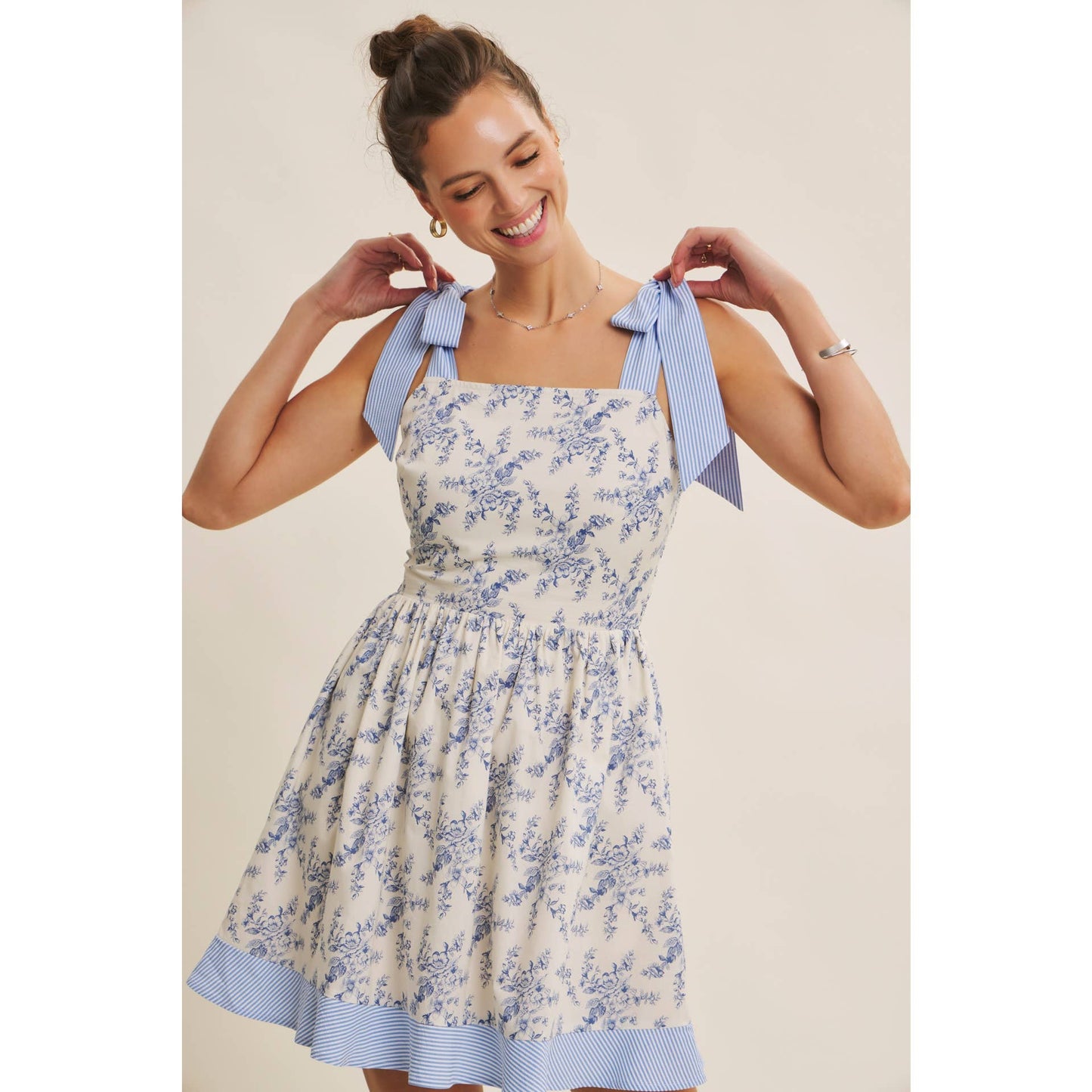 SUNSHINE FILLED DAYS TOILE BABYDOLL SMOCKED BACK MINI DRESS