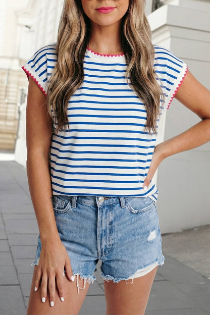 Stripe Contrast Trim Round Neck Cap Sleeve Tee | S-XL