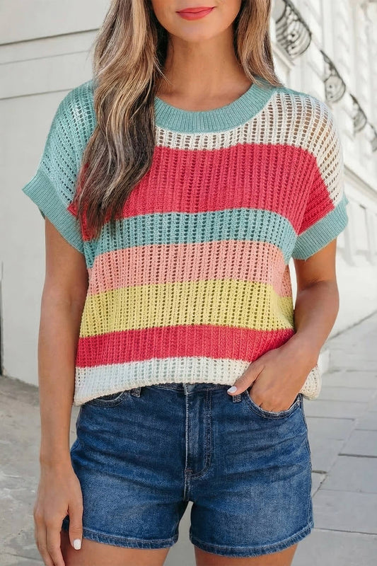 Colorblock Hollow Out Knit Short Sleeve Sweater | S-XL