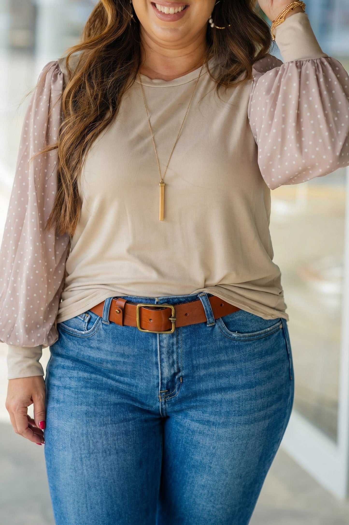 Plus Size Polka Dot Puff Sleeve Round Neck Tee