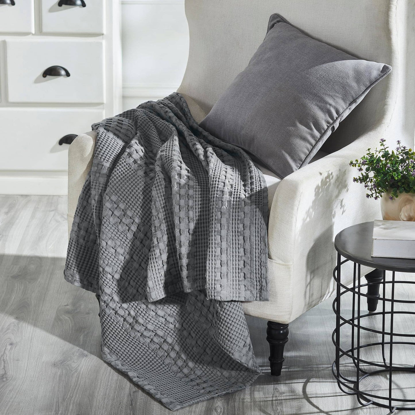 Waffle Weave Dark Gray Throw 50x60 - Cotton Blanket for Boho Farmhouse Bedroom & Living Room Decor, Couch, Sofa, Bed