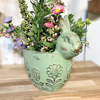 Flower Garden Embossed  Green Cement Bunny Planter