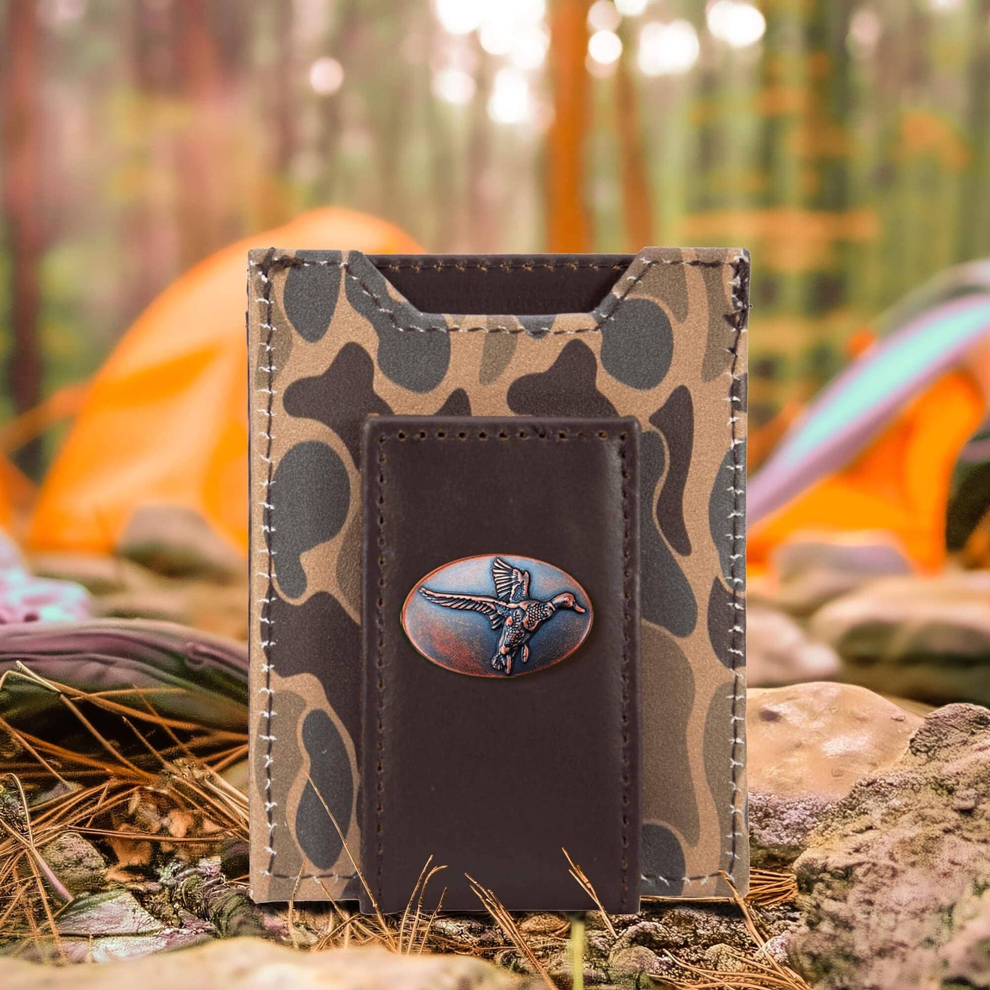 Mallard Magnetic Front Pocket Old School Camo Leather Wallet.