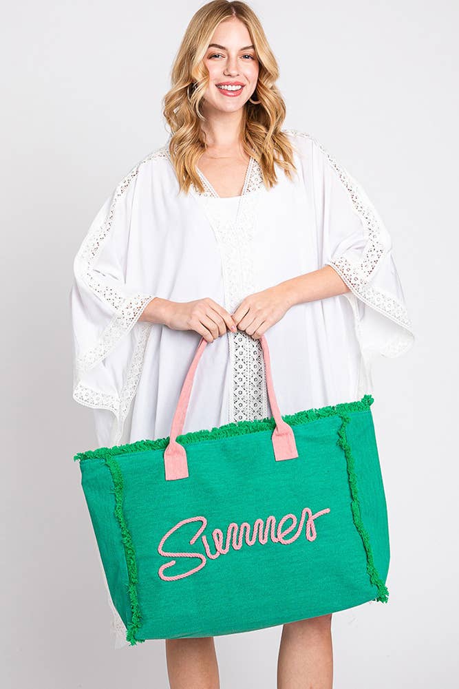 Sewn Rope Summer Letter Fringed Canvas Bag