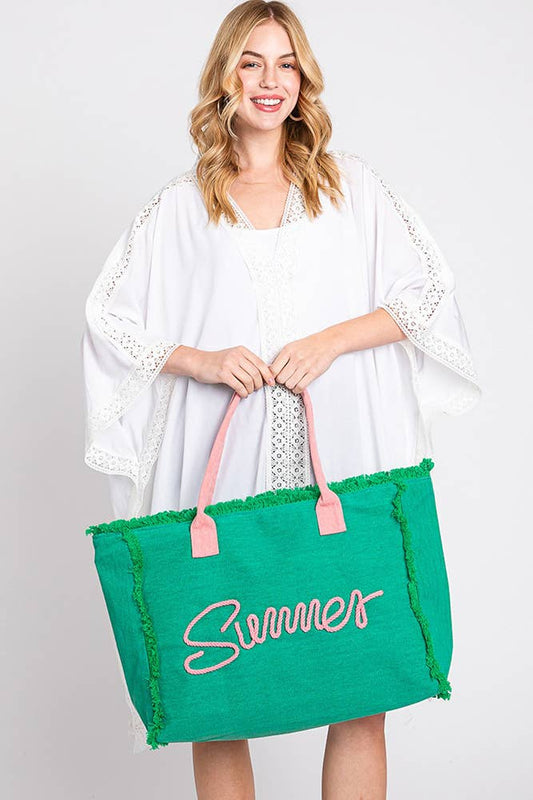 Sewn Rope Summer Letter Fringed Canvas Bag