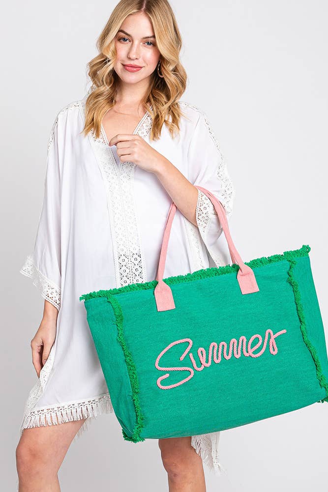 Sewn Rope Summer Letter Fringed Canvas Bag